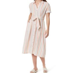 Anne Klein Orange Stripped Button Front Belted Shirt Dress in Medium size, NWT